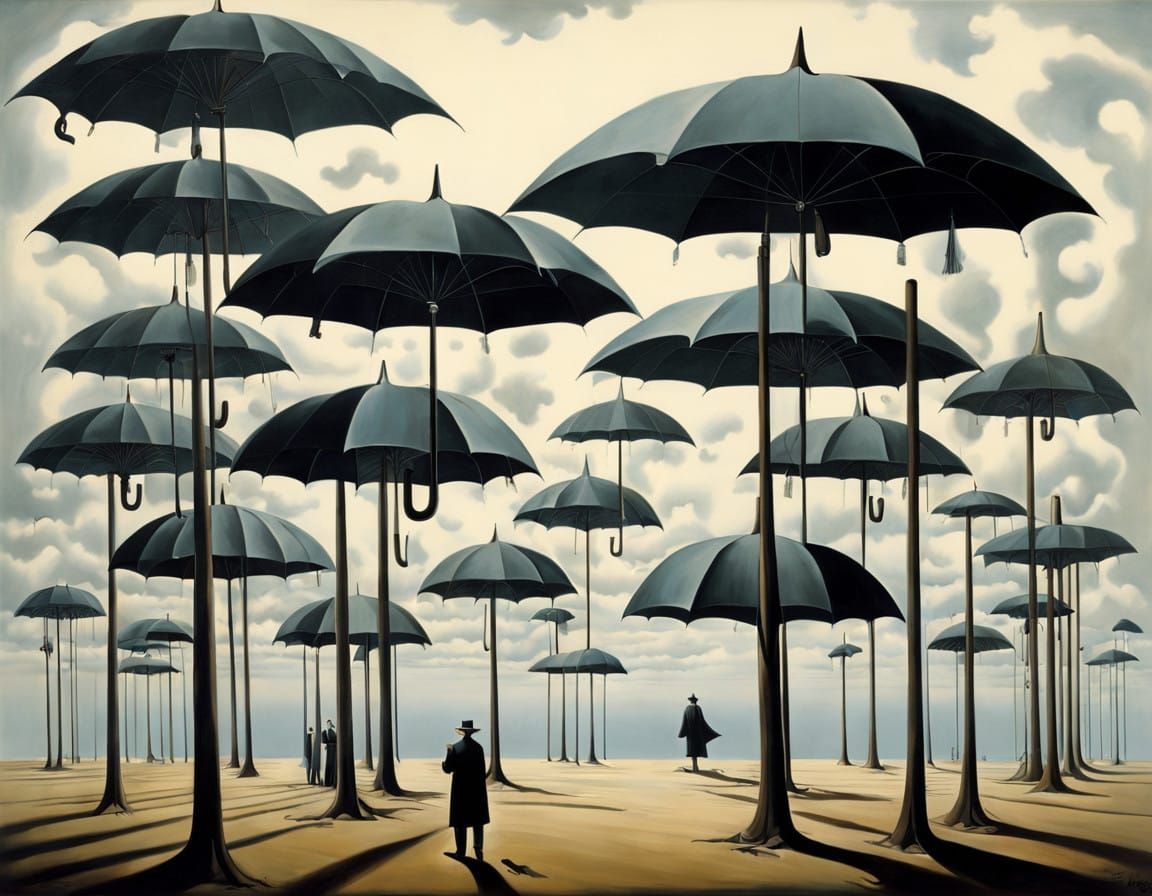 Surreal Umbrella Landscape in Dali-Inspired Style