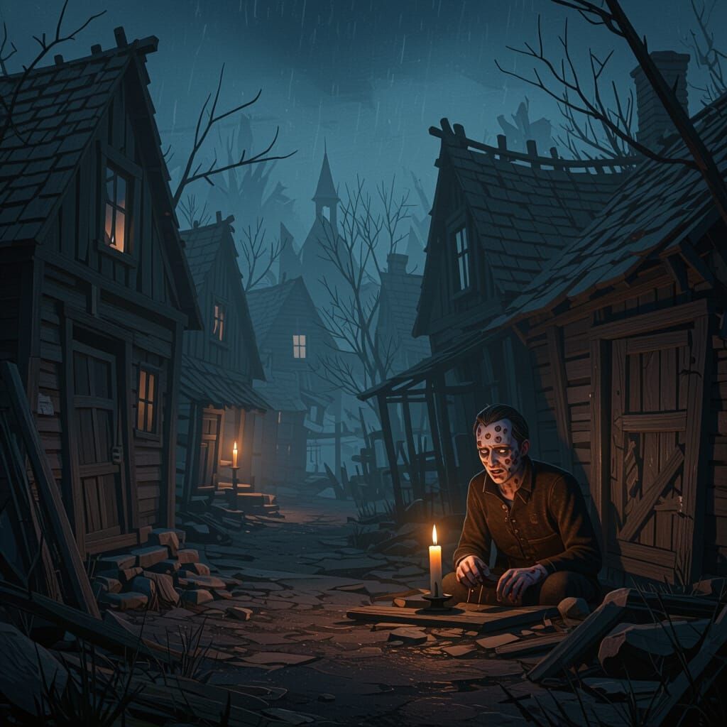 Eerie Horror Village Street at Night