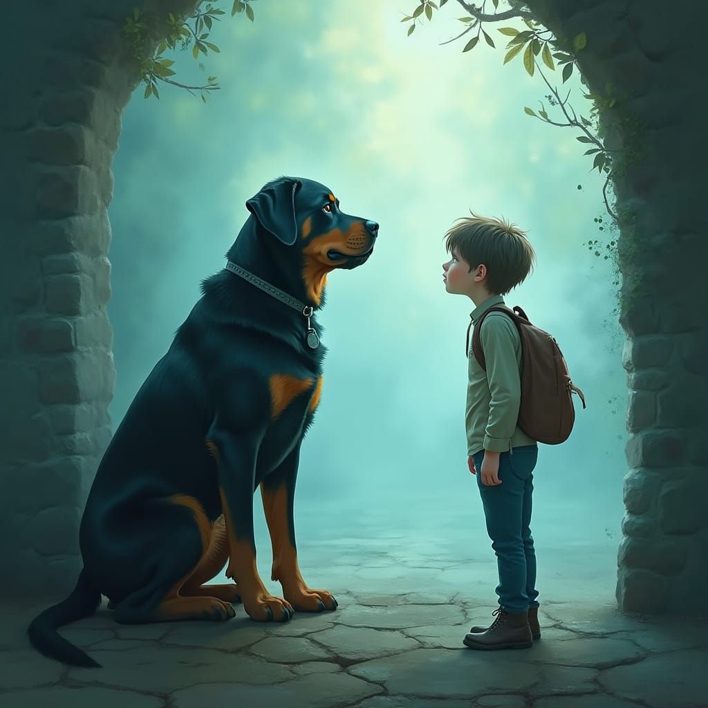 Spirit Rottweiler Meets Owner in Vibrant, Dreamlike Landscap...