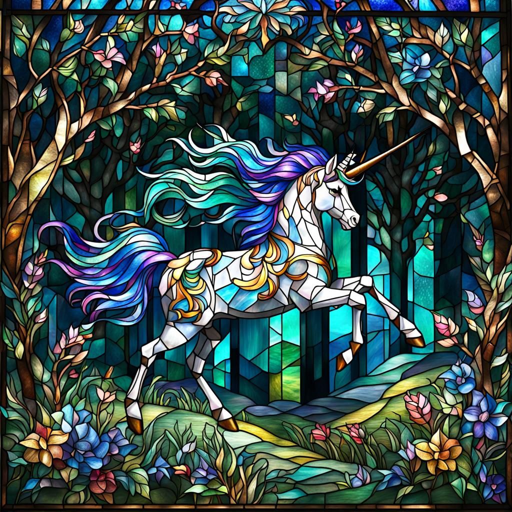 Hyperrealistic 3D Stained Glass Unicorn