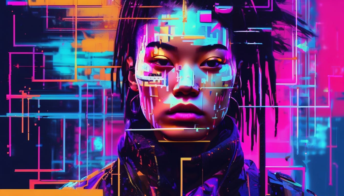 Surreal Woman Dissolving into Digital Glitchcore Art