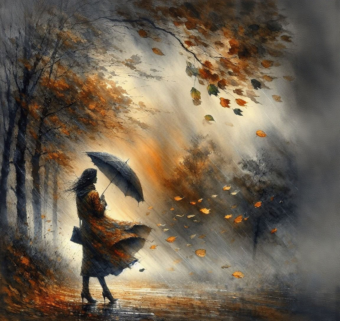 Autumn Landscape with Woman in Watercolor Style