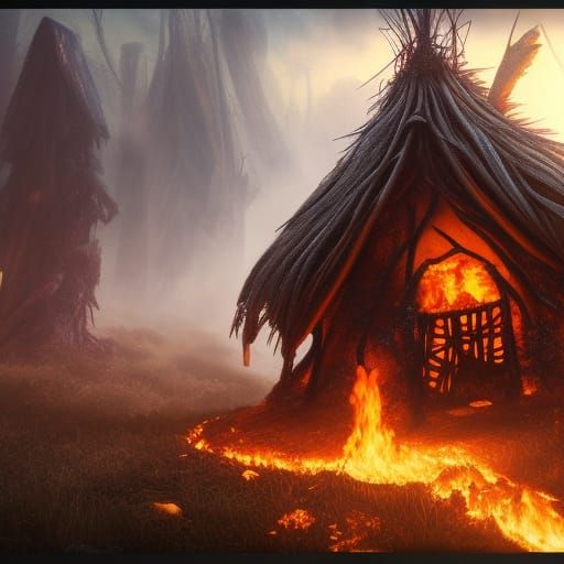 Burning Witch Hut in Detailed Matte Painting