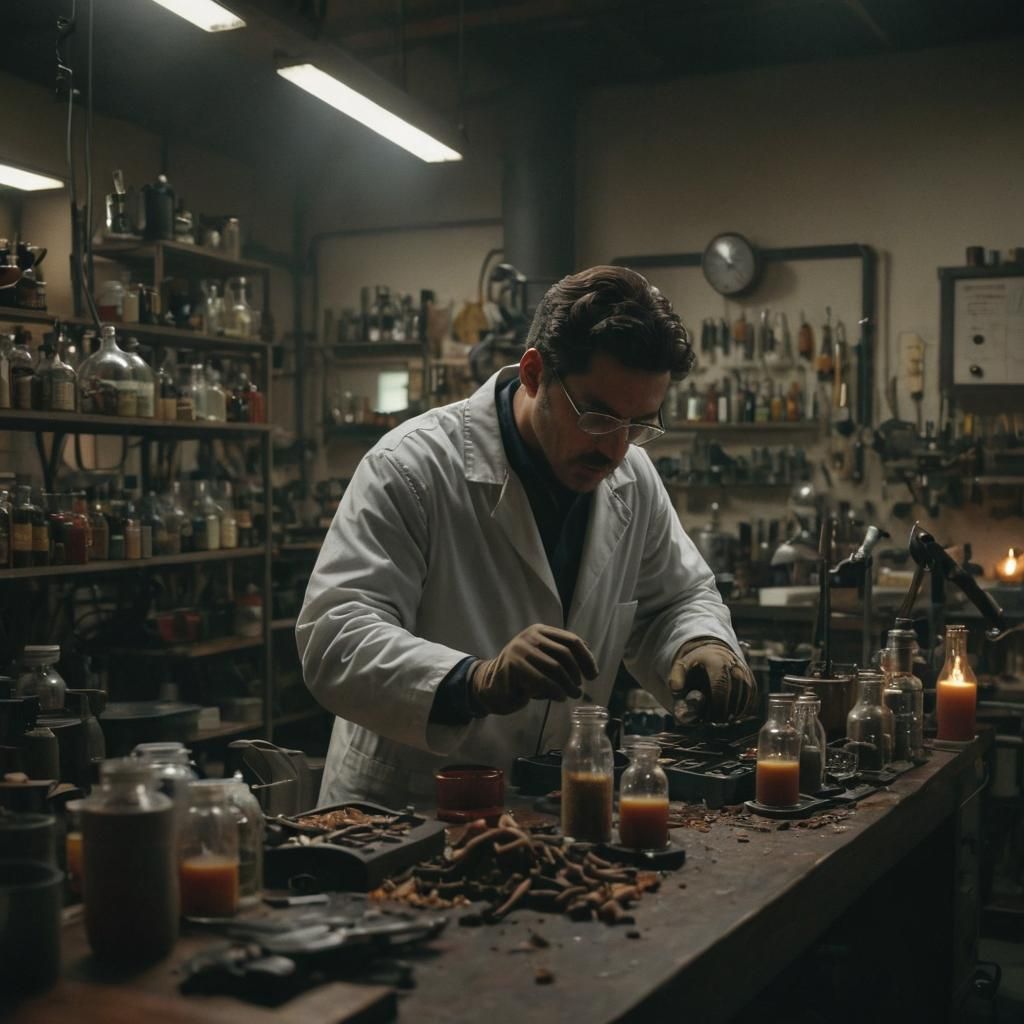 Rick Sánchez's Cluttered Lab: A Cinematic Film Still