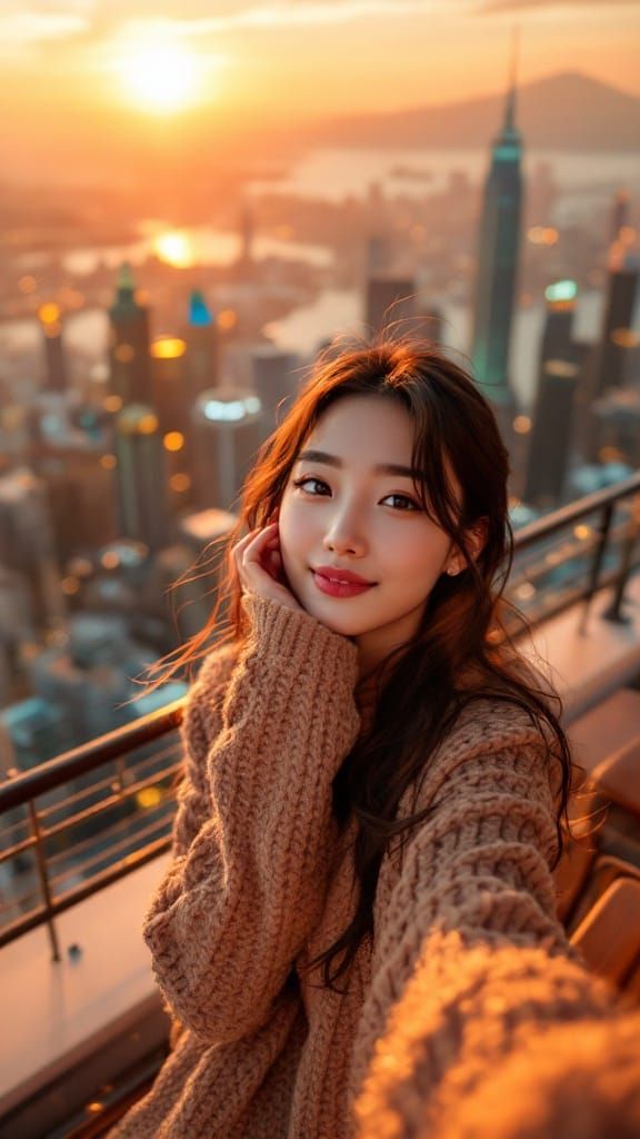 Korean Woman Selfie at Rooftop Cafe