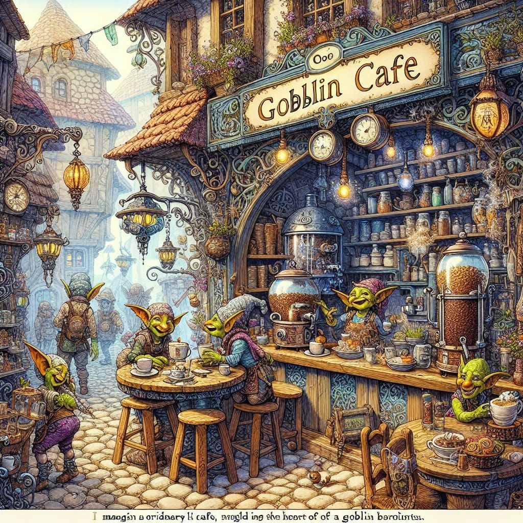 Whimsical Goblin Cafe in Watercolor Style