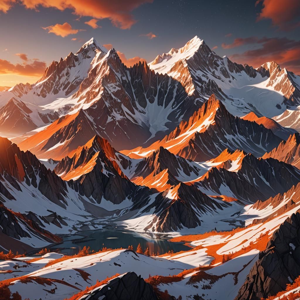 Snowy Mountains Reflecting an Orange Sunset