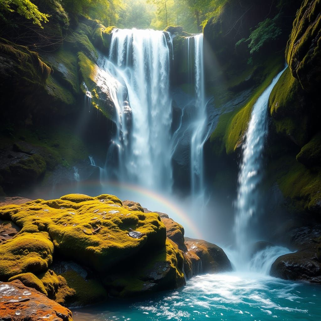 Majestic Waterfall Cascades Down Moss-Covered Rocks in Reali...