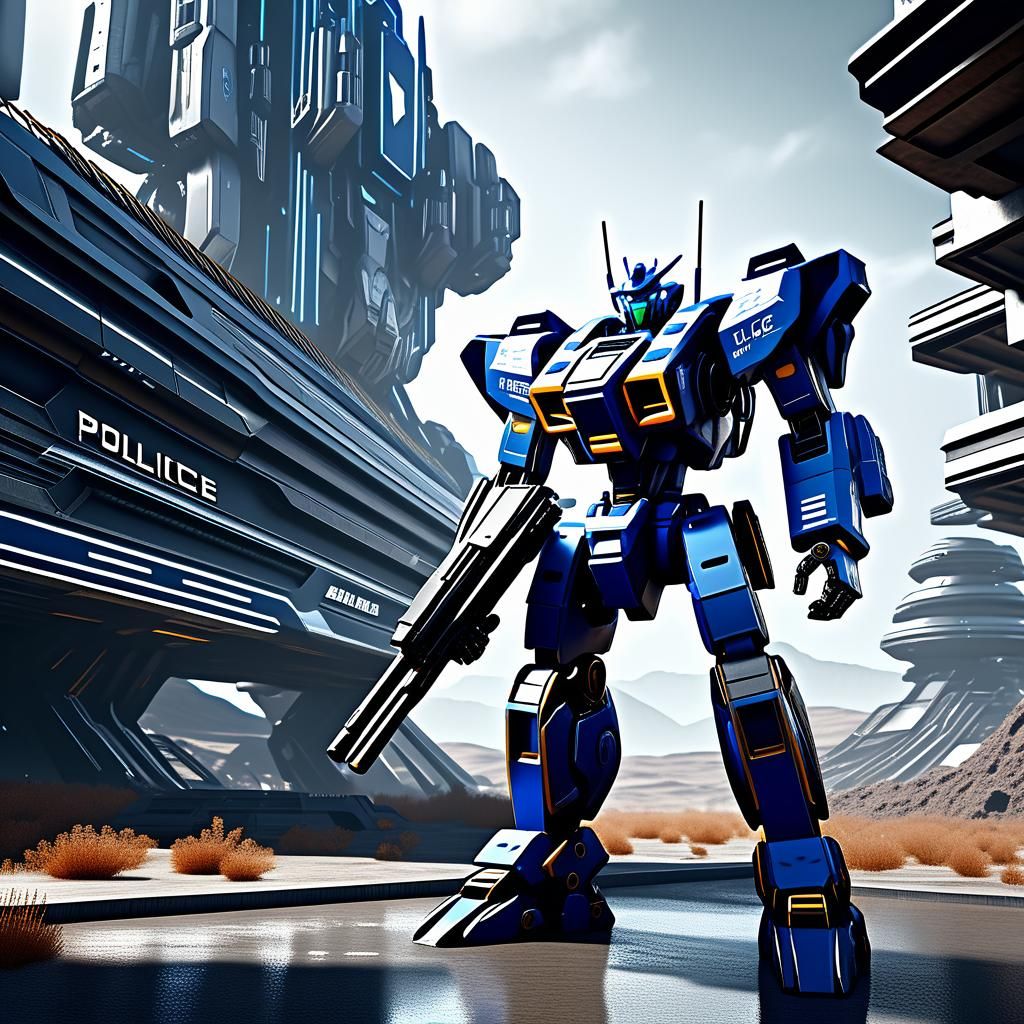 Futuristic Police Mech with Guns in Sci-Fi City
