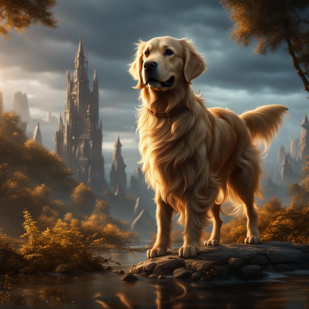 Detailed Golden Retriever Fantasy Concept Art