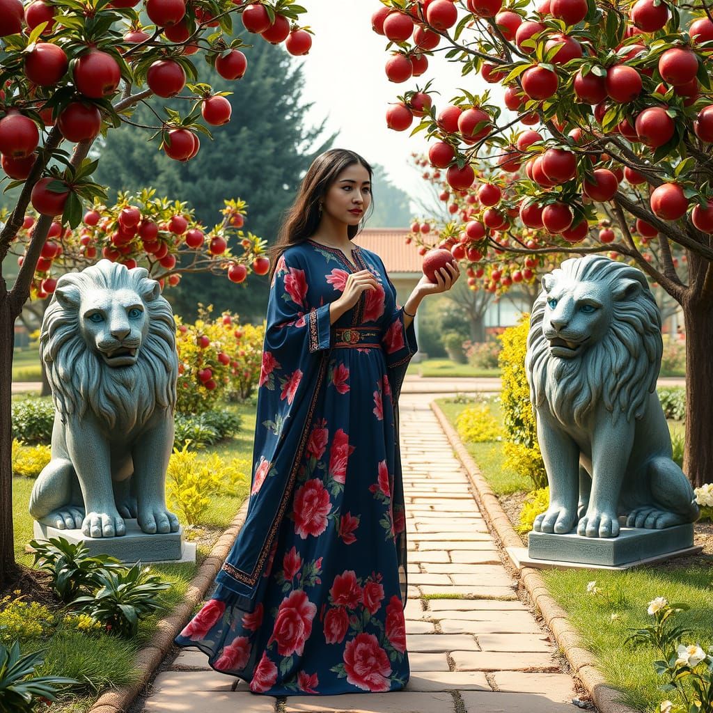 Serene Iranian Woman in Surreal Rosewater Garden