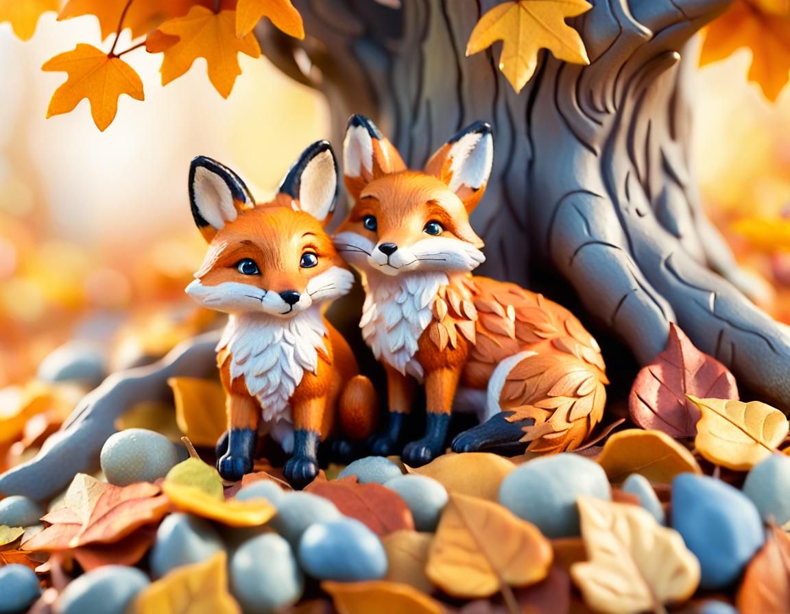 Fox and Bunny Under Autumn Tree: Storybook Illustration