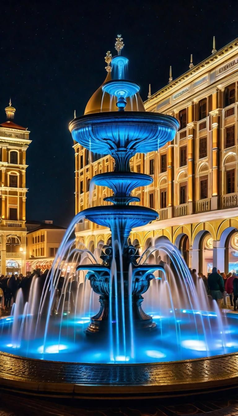 Renaissance Fountain in Crowded Square at Night