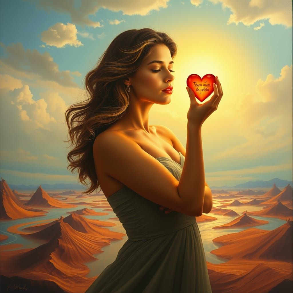 Surrealist Dream Goddess in Melting Landscape with Glowing H...