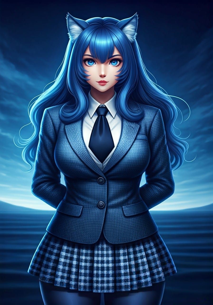 Blue Feline Beast Girl in Anime Pencil Illustration