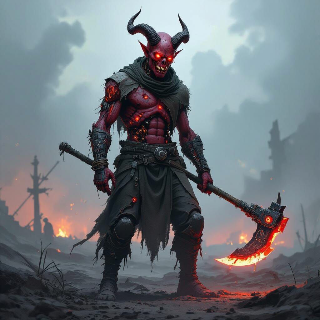 Red Tiefling Zombie Cyborg Warrior on Battlefield