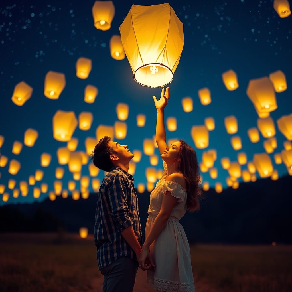 Young Couple Release Glowing Paper Lanterns Under Starry Nig...
