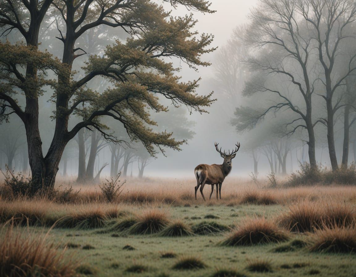 Misty Morning Landscape with a Lone Deer Grazing