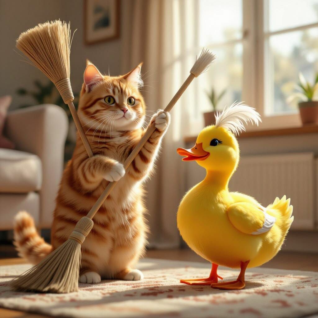 Cat and Duck Cleaning Crew in Cozy Living Room
