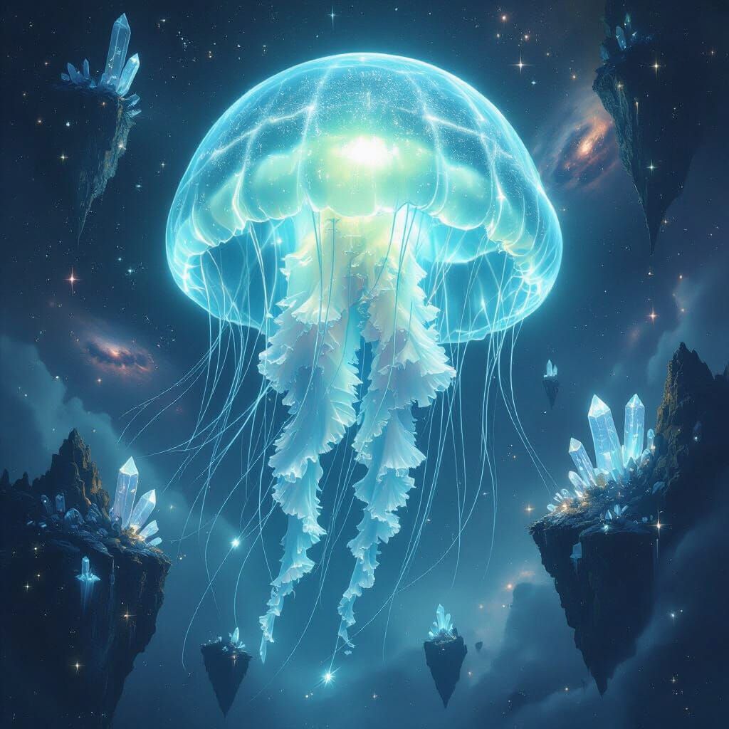 Bioluminescent Jellyfish Drifting Through Nebula