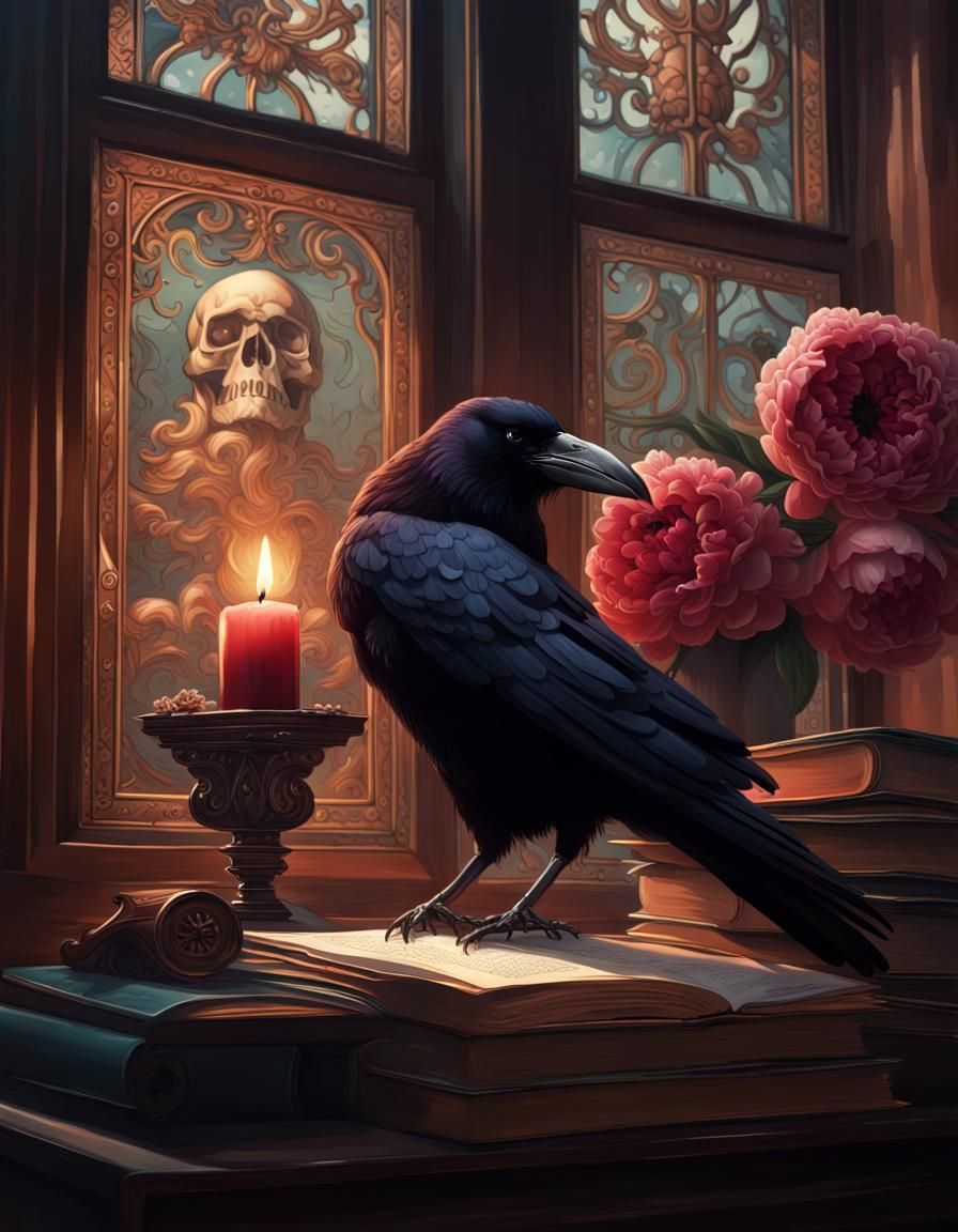 Hyperrealistic Raven in Dark Academia Setting