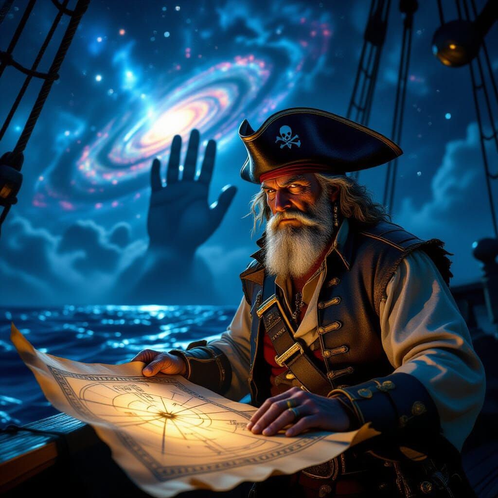 Pirate Captain Studies Cosmic Map with Giant Hand in Retro-F...