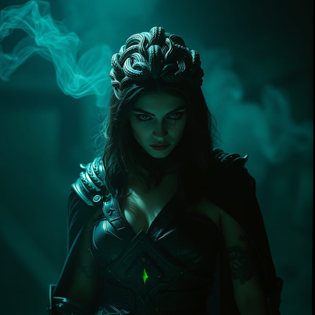 Serpent-Haired Sorceress Whispering in Mystical Realm