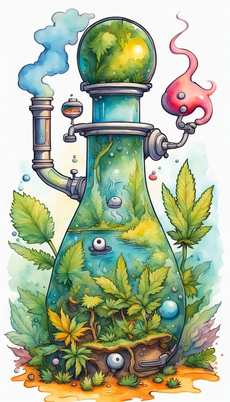 Psychedelic Cartoon Bong Ecosystem in Watercolor