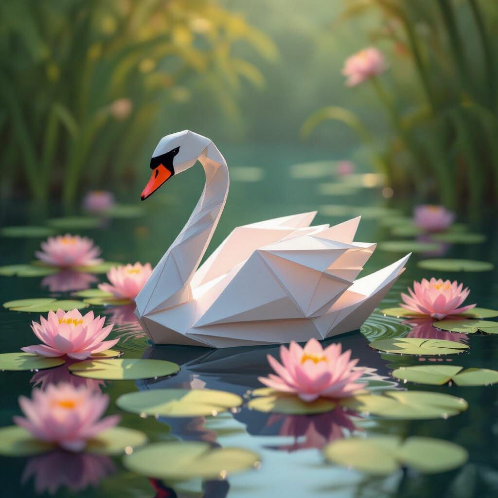 Vibrant Origami Swan on Serene Lake