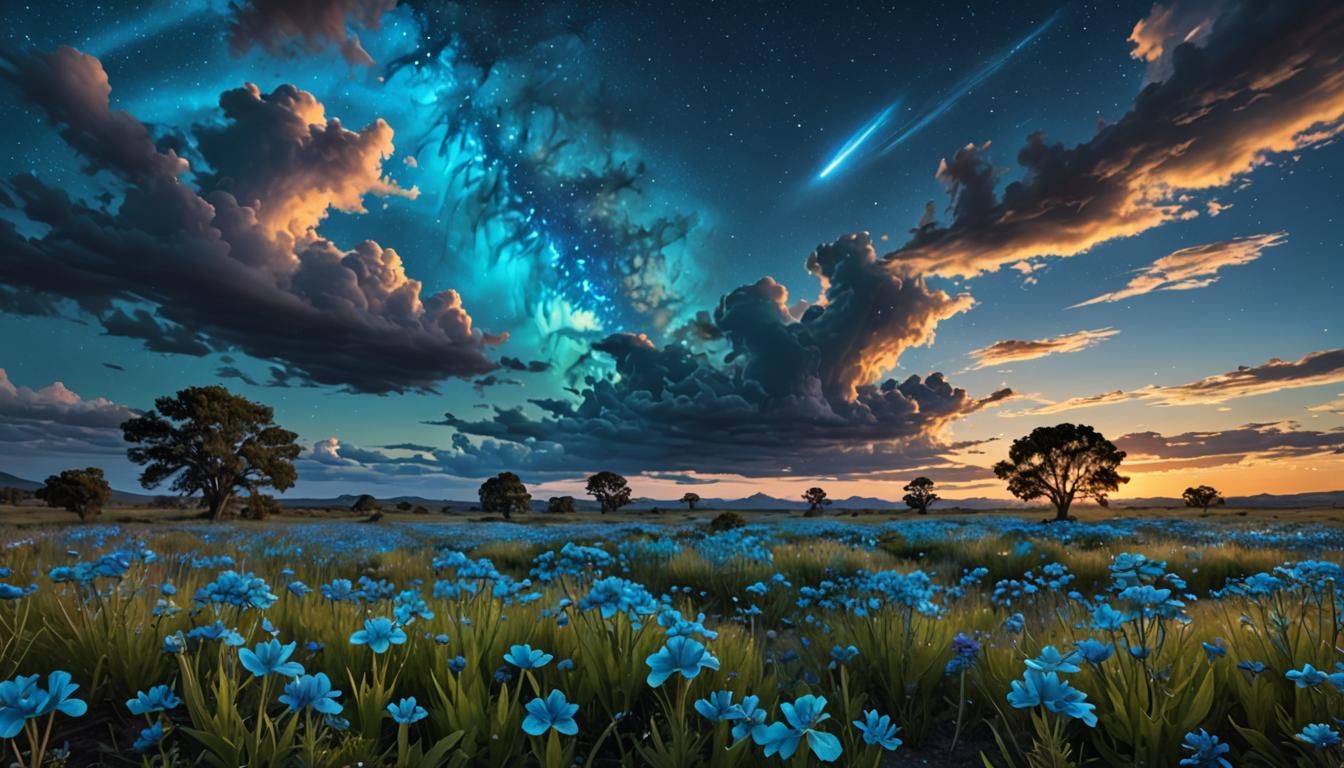 Bioluminescent Wildflower Field Under Cosmic Sky