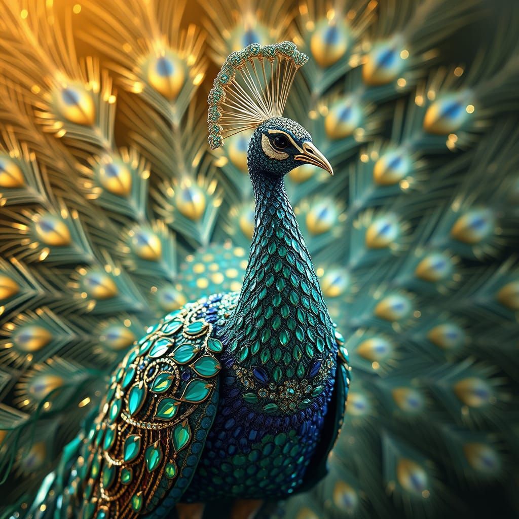 Majestic Gemstone Peacock in Haute Couture Style