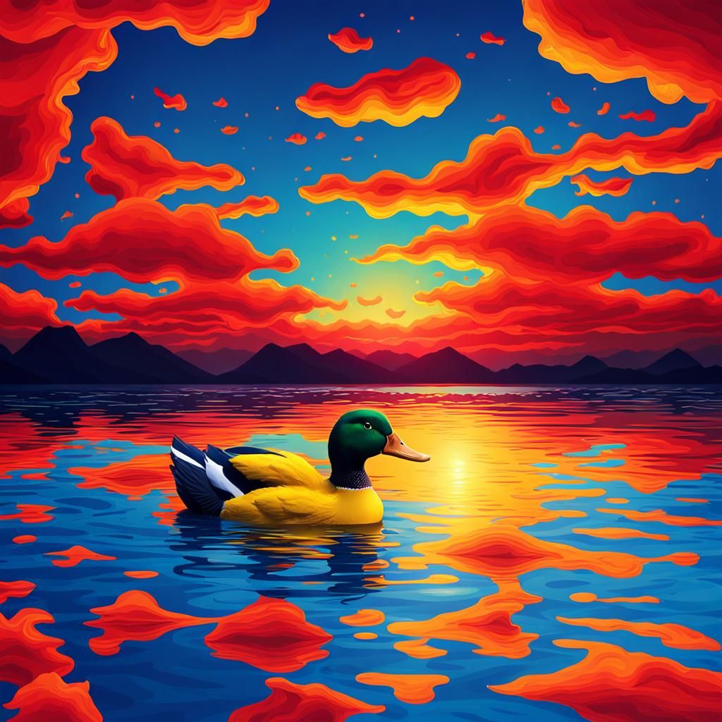 Yellow Duck in Lake with Red Sky, 8K