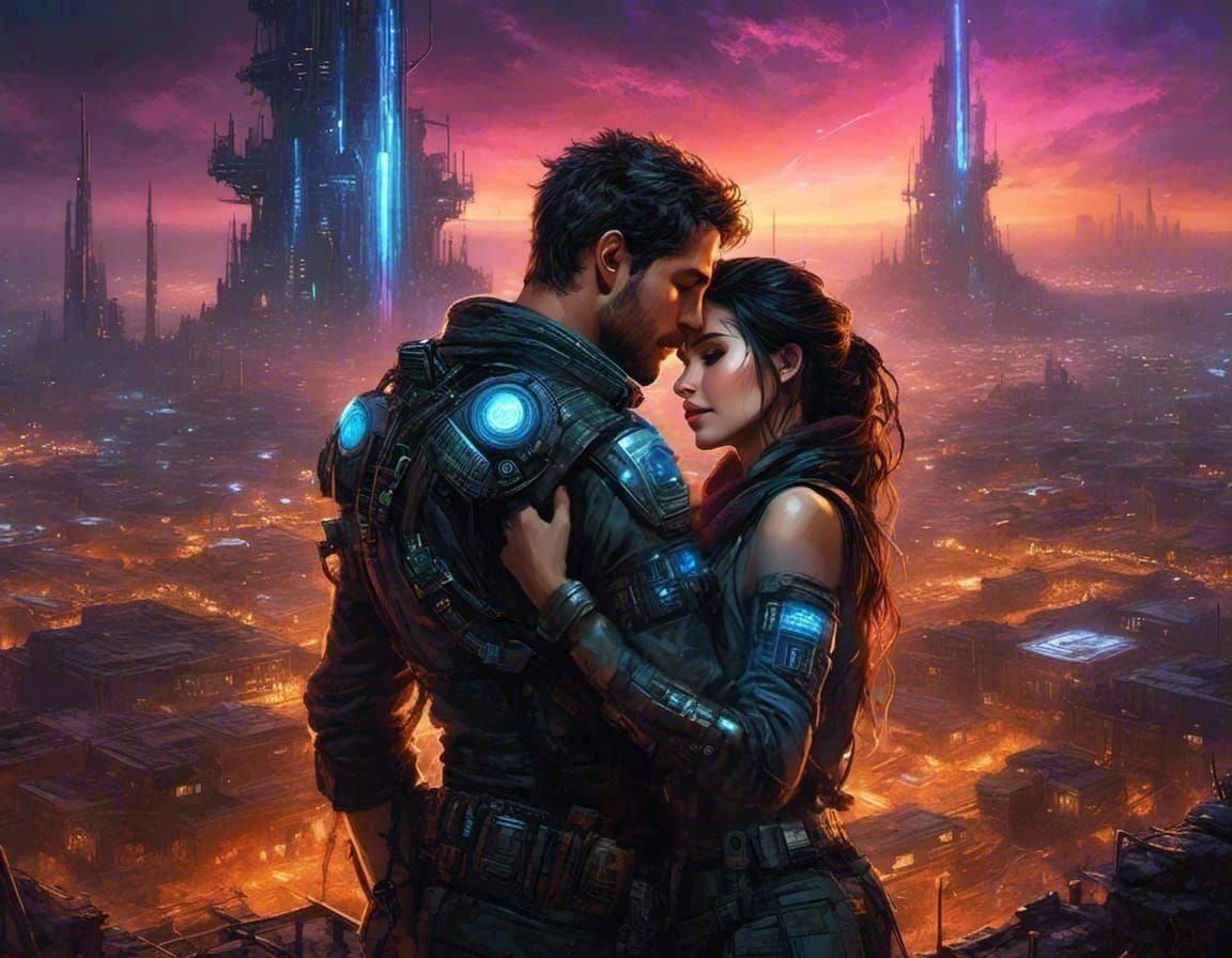 Cybernetic Couple Embrace in Dystopian Outpost