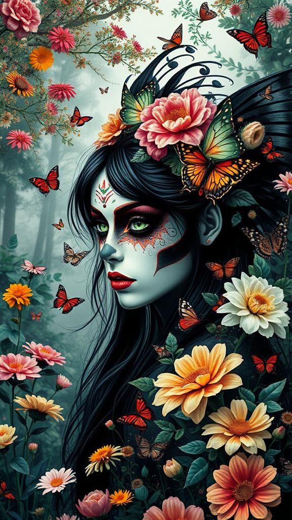 Day of the Dead Spirit Woman in Surreal Forest