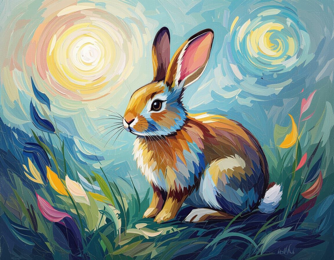 Dreamy Rabbit Abstract Painting in Van Gogh Style