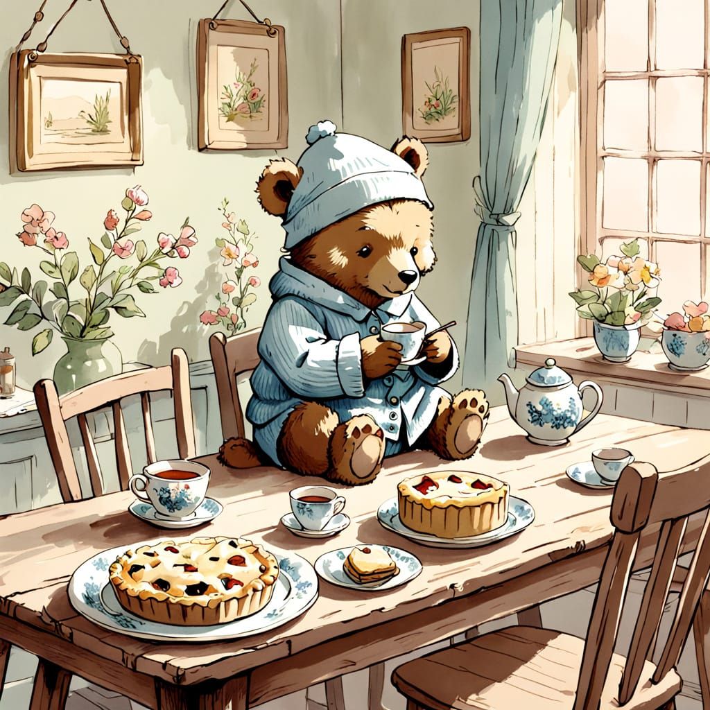 Cozy Toy Bear Sips Tea with Pie in Whimsical Watercolor Sett...