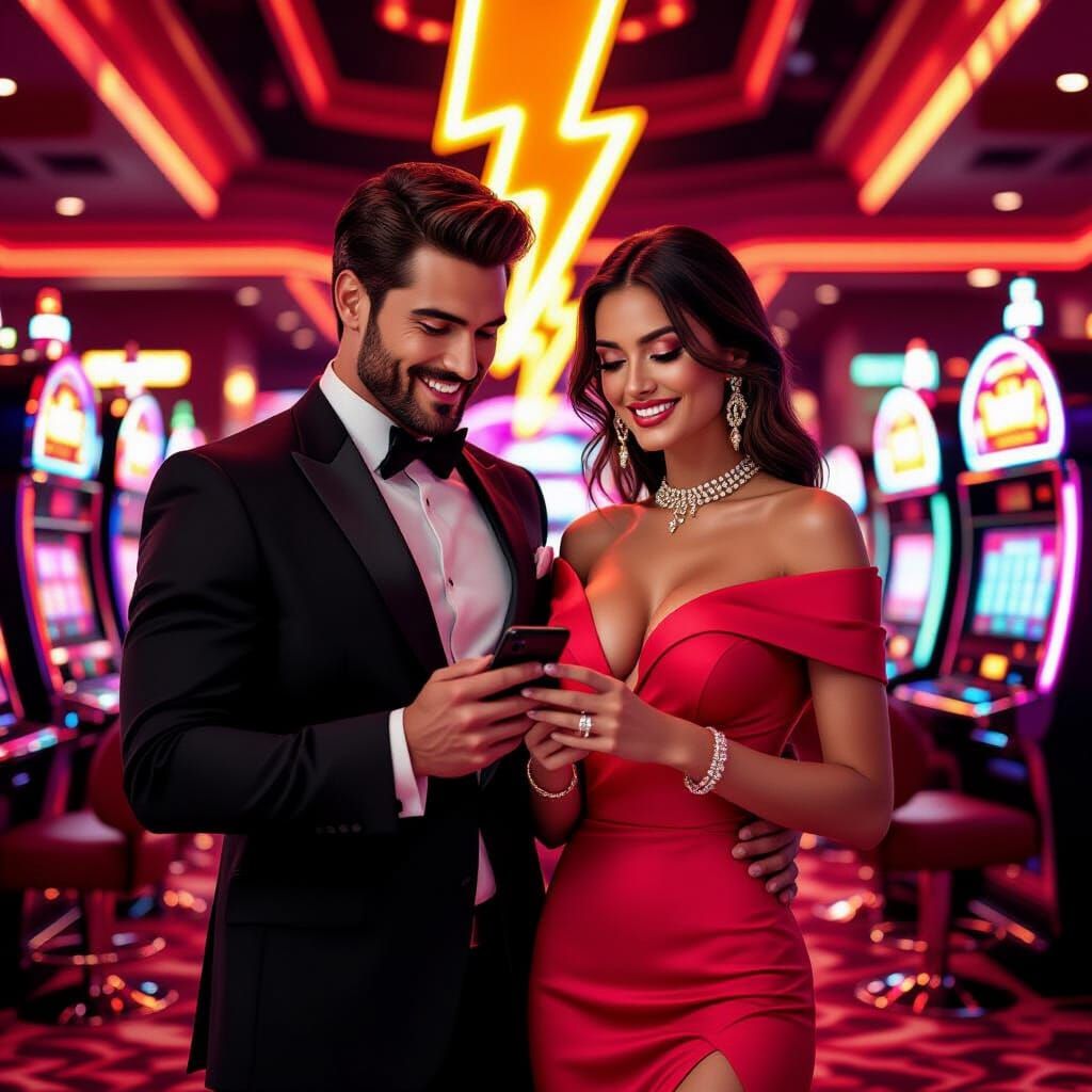 Glamorous VIPs in Neon Casino, 3D Render Style