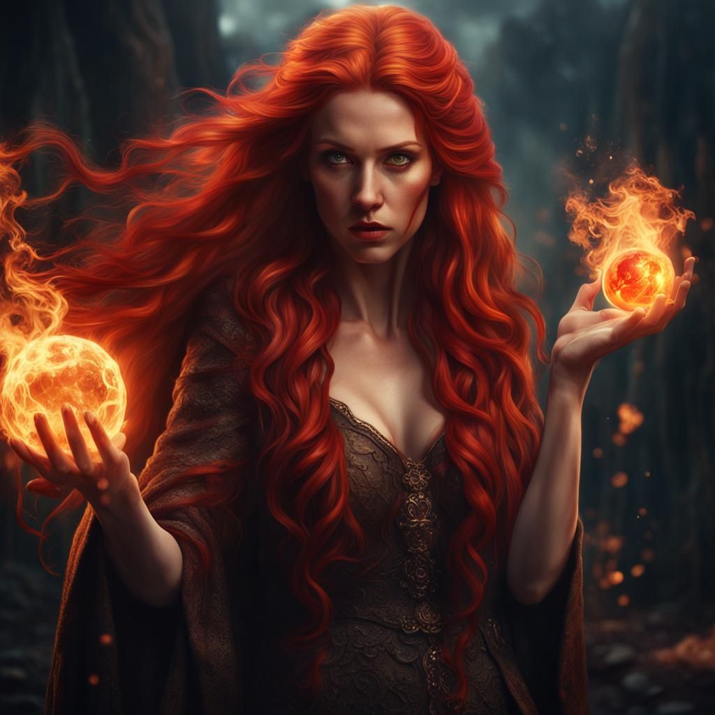 Fantasy Woman with Fireball: Detailed Digital Painting