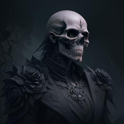 Sad Skull Man with Black Roses in Detailed Matte Painting