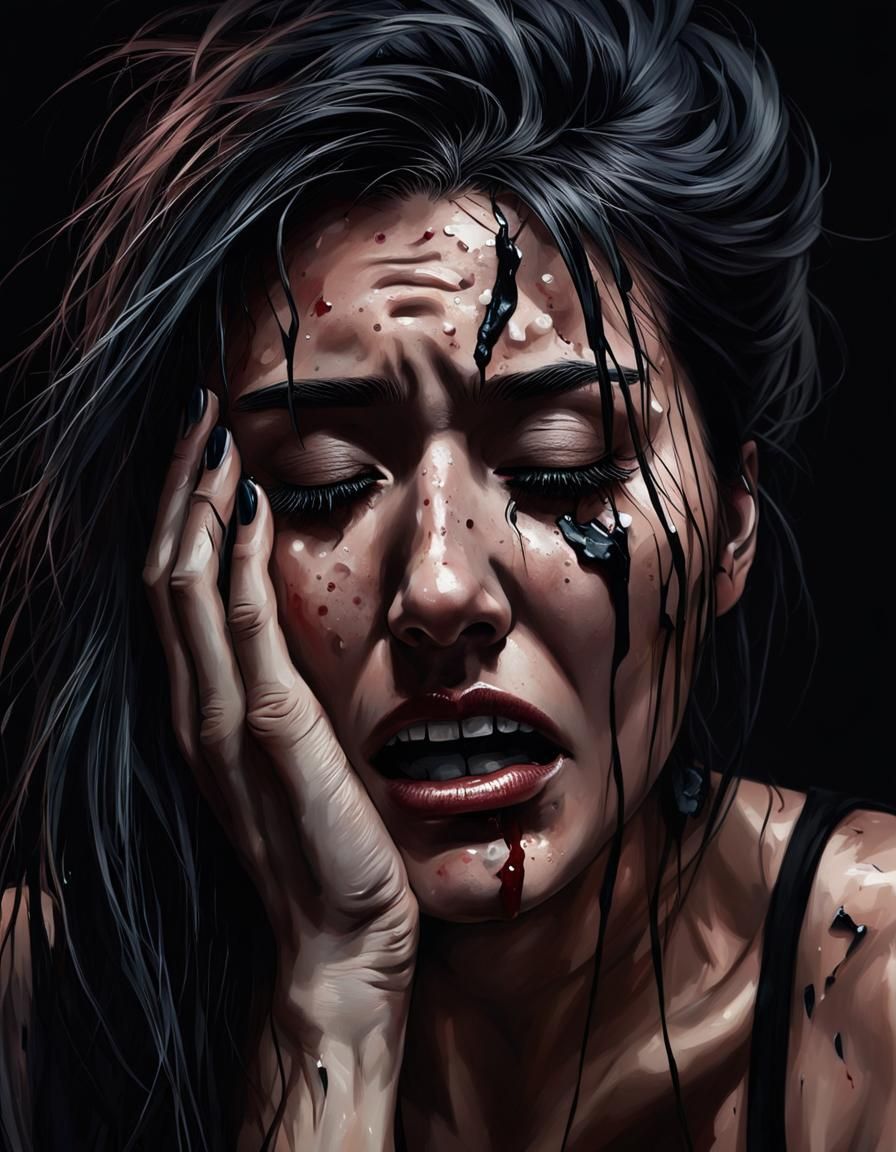 An overwhelmed girl surrounded by darkness, so overwhelmed she is pulling chunks of her hair out as her perfectly applie...