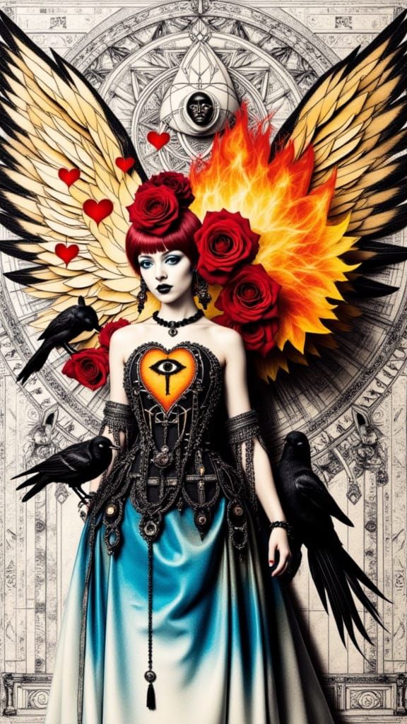 Gothic Woman with Sacred Heart in Dada Collage Style