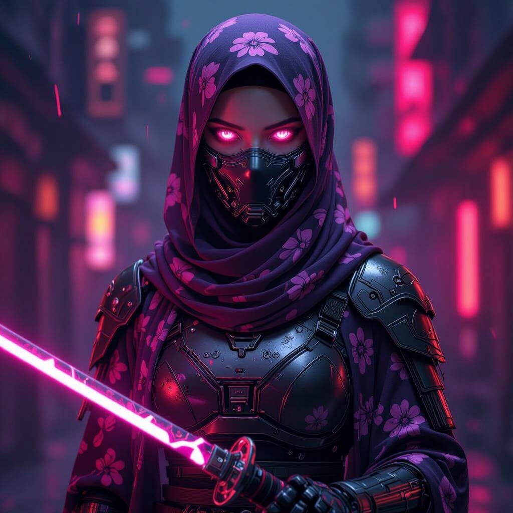 Cyborg Warrior Girl with Neon Katana in Cyberpunk Style
