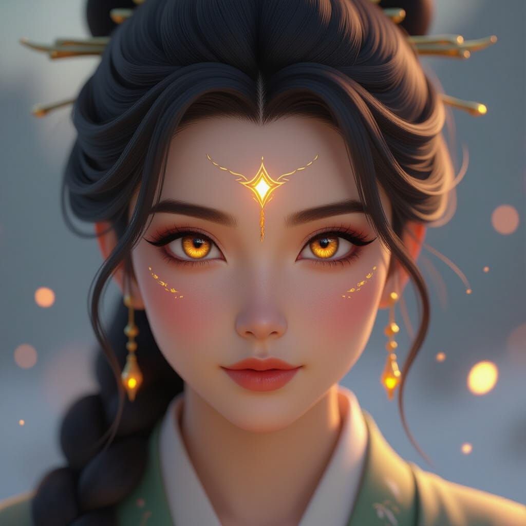 Celestial Guardian Face with Glowing Amber Eyes