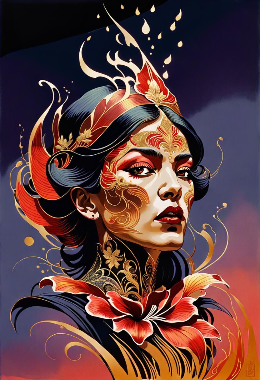 Dramatic Art Nouveau Woman in Amaryllis Flower Design