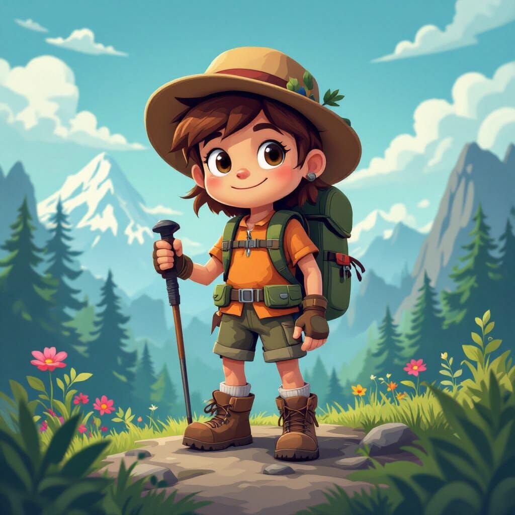 Cute Cartoon Hiker Vector Logo as Matte Painting