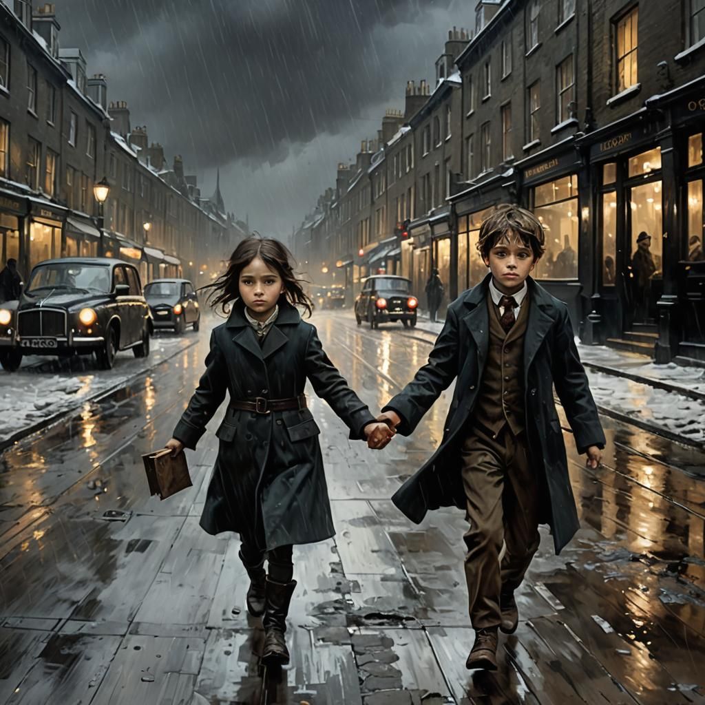 Children Running Through London, Impressionistic Digital Art