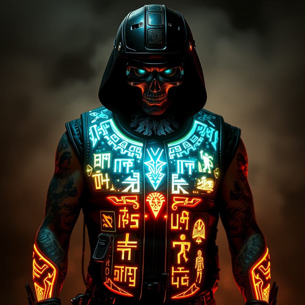 Biker Adorned with Prismatic Light and Runes