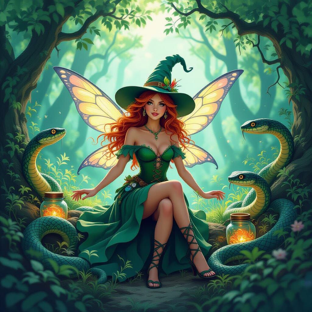 Fairy Witch in Mystical Forest, Dreamlike Scene