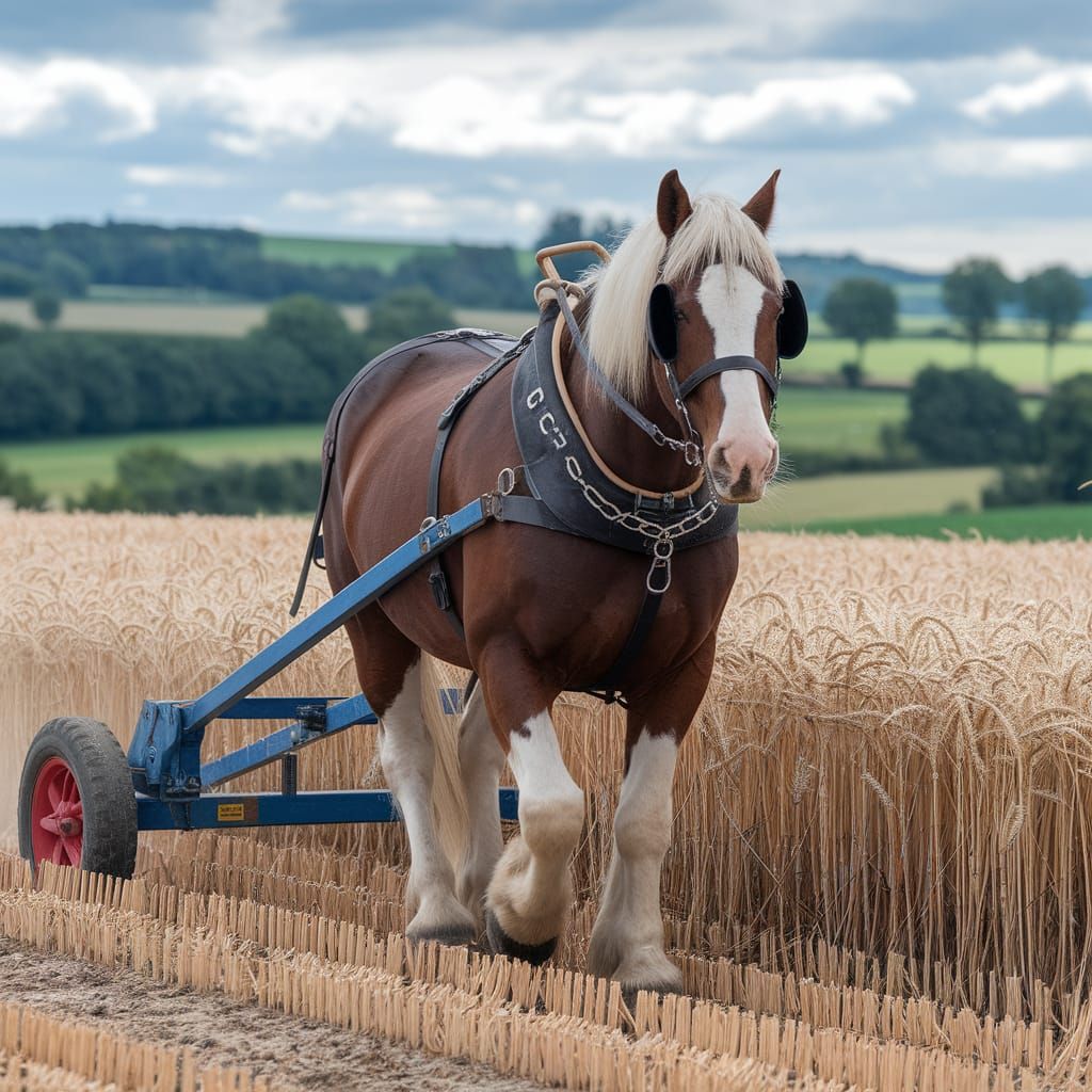 Shire Horse pulling a plough in a wheat field