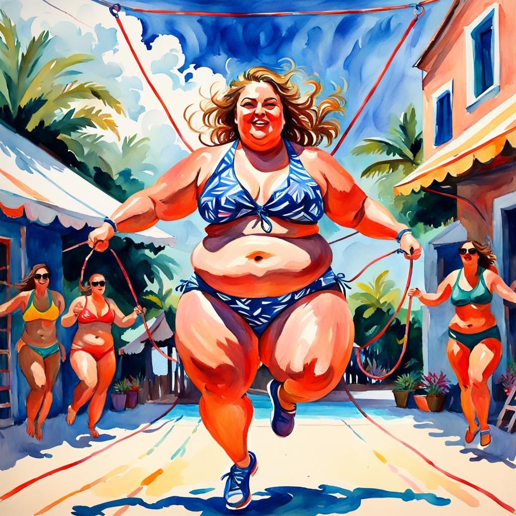 Fat girl in bikini jumping rope.